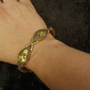 Vintage Damascene Art Nouveau link bracelet 7" opens 8 1/2" with safety chain